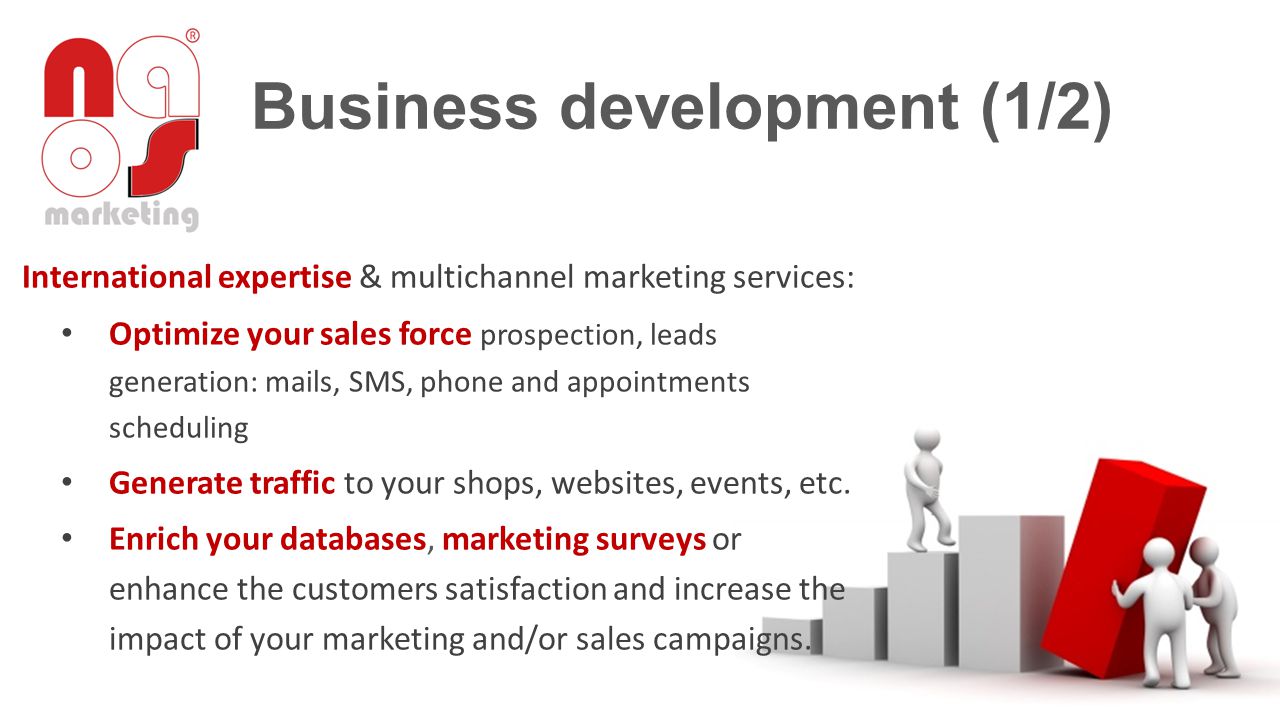 International expertise & multichannel marketing services: Optimize your sales force prospection, leads generation: mails, SMS, phone and appointments scheduling Generate traffic to your shops, websites, events, etc.