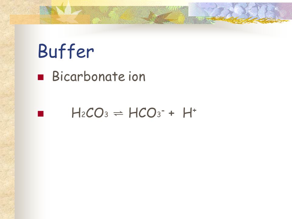 Buffer Bicarbonate ion H 2 CO 3 HCO H +