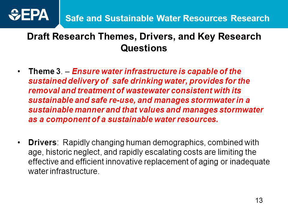 Safe and Sustainable Water Resources Research Draft Research Themes, Drivers, and Key Research Questions Theme 3.