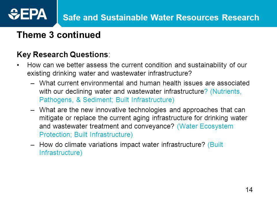Safe and Sustainable Water Resources Research Theme 3 continued Key Research Questions: How can we better assess the current condition and sustainability of our existing drinking water and wastewater infrastructure.