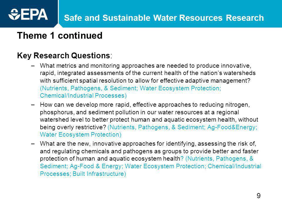 Safe and Sustainable Water Resources Research Theme 1 continued Key Research Questions: –What metrics and monitoring approaches are needed to produce innovative, rapid, integrated assessments of the current health of the nations watersheds with sufficient spatial resolution to allow for effective adaptive management.