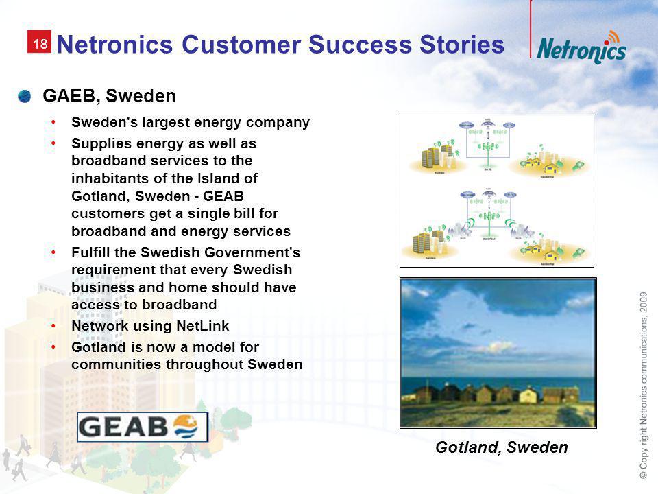 18 Netronics Customer Success Stories GAEB, Sweden Sweden s largest energy company Supplies energy as well as broadband services to the inhabitants of the Island of Gotland, Sweden - GEAB customers get a single bill for broadband and energy services Fulfill the Swedish Government s requirement that every Swedish business and home should have access to broadband Network using NetLink Gotland is now a model for communities throughout Sweden Gotland, Sweden
