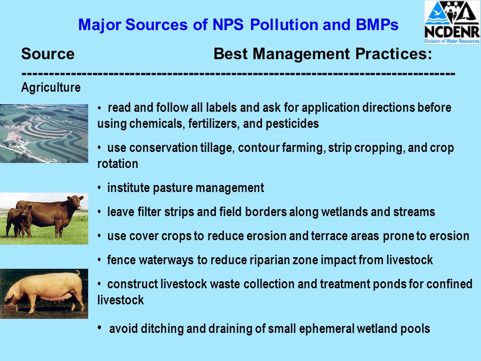 Major Sources of NPS Pollution and BMPs SourceBest Management Practices: Agriculture read and follow all labels and ask for application directions before using chemicals, fertilizers, and pesticides use conservation tillage, contour farming, strip cropping, and crop rotation institute pasture management leave filter strips and field borders along wetlands and streams use cover crops to reduce erosion and terrace areas prone to erosion fence waterways to reduce riparian zone impact from livestock construct livestock waste collection and treatment ponds for confined livestock avoid ditching and draining of small ephemeral wetland pools