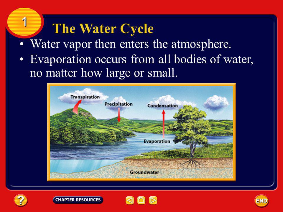 The Water Cycle 1 1 When water has enough heat energy, it changes from liquid water into water vapor in a process called evaporation.