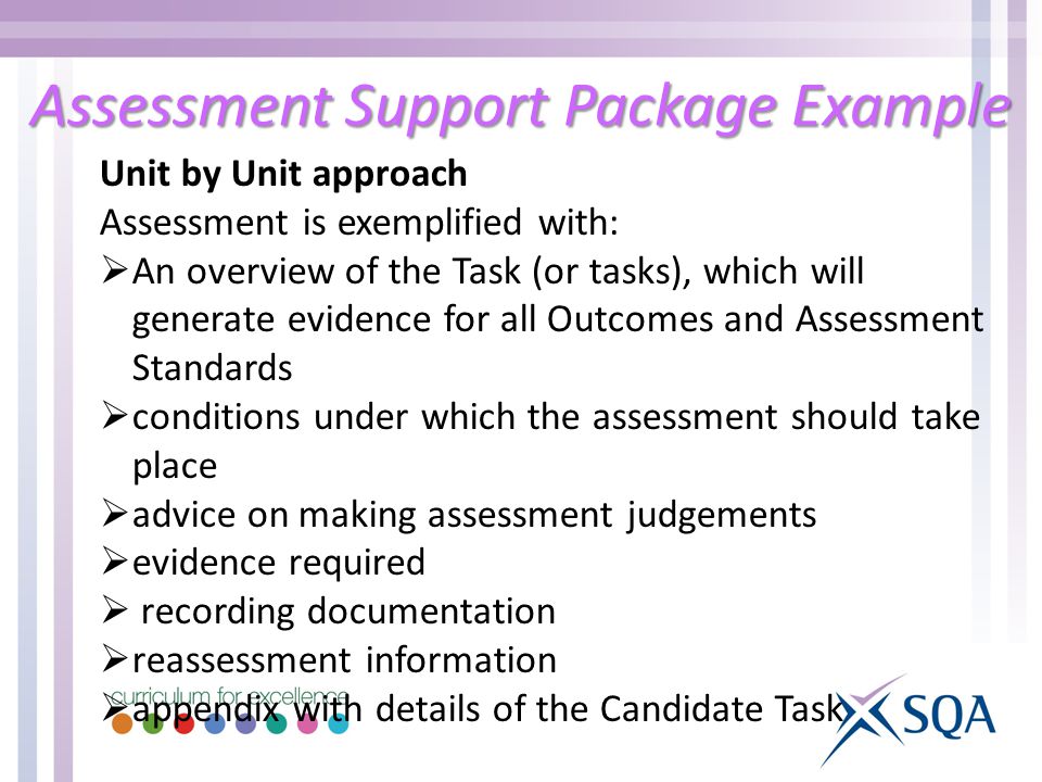 Assessment Support Package Example Unit by Unit approach Assessment is exemplified with: An overview of the Task (or tasks), which will generate evidence for all Outcomes and Assessment Standards conditions under which the assessment should take place advice on making assessment judgements evidence required recording documentation reassessment information appendix with details of the Candidate Task