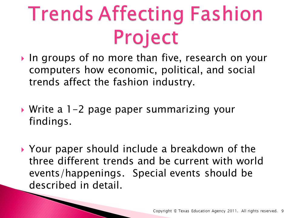 In groups of no more than five, research on your computers how economic, political, and social trends affect the fashion industry.