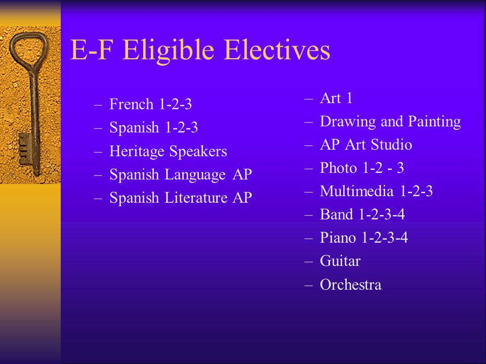 E-F Eligible Electives –French –Spanish –Heritage Speakers –Spanish Language AP –Spanish Literature AP –Art 1 –Drawing and Painting –AP Art Studio –Photo –Multimedia –Band –Piano –Guitar –Orchestra