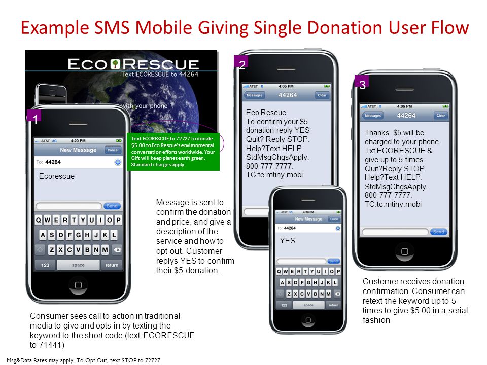 Example SMS Mobile Giving Single Donation User Flow Consumer sees call to action in traditional media to give and opts in by texting the keyword to the short code (text ECORESCUE to 71441) Eco Rescue To confirm your $5 donation reply YES Quit.