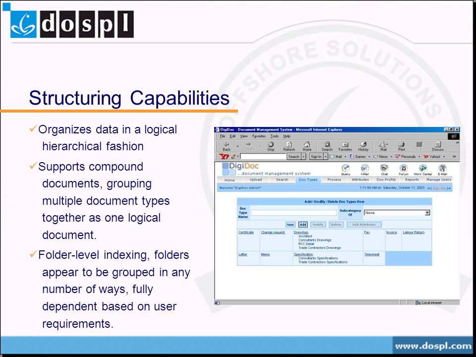 Structuring Capabilities Organizes data in a logical hierarchical fashion Supports compound documents, grouping multiple document types together as one logical document.
