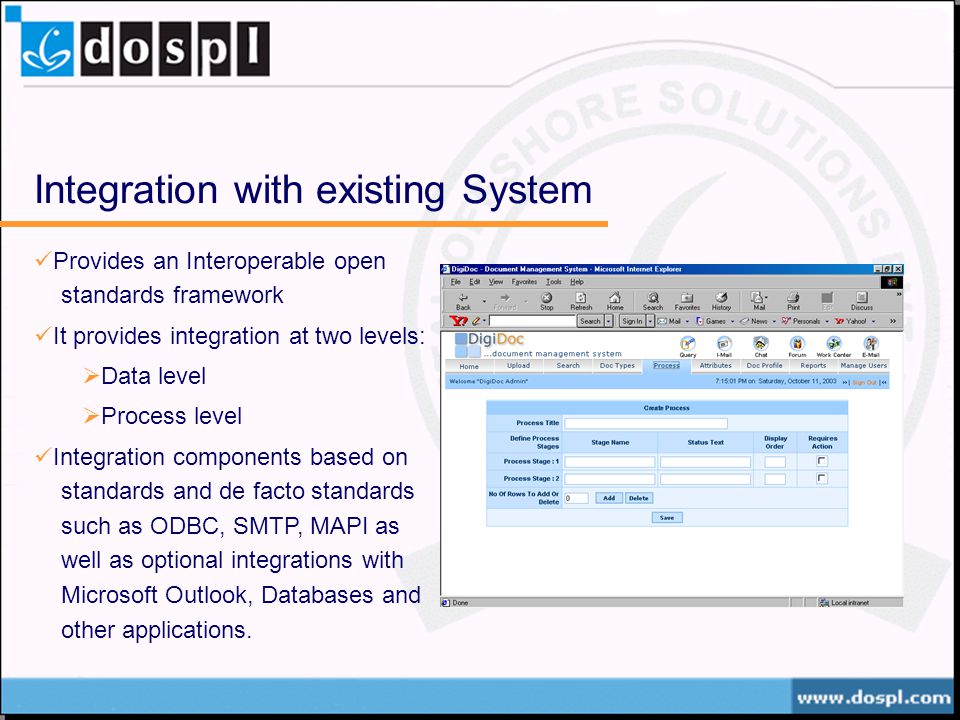 Integration with existing System Provides an Interoperable open standards framework It provides integration at two levels: Data level Process level Integration components based on standards and de facto standards such as ODBC, SMTP, MAPI as well as optional integrations with Microsoft Outlook, Databases and other applications.