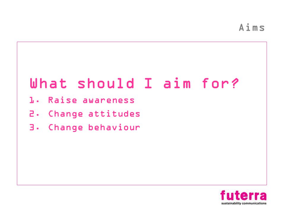 What should I aim for 1.Raise awareness 2.Change attitudes 3.Change behaviour Aims