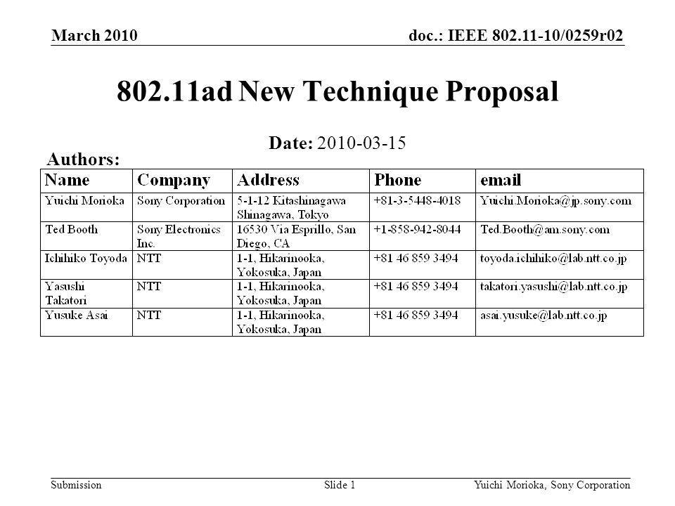 doc.: IEEE /0259r02 Submission Date: ad New Technique Proposal March 2010 Yuichi Morioka, Sony CorporationSlide 1 Authors: