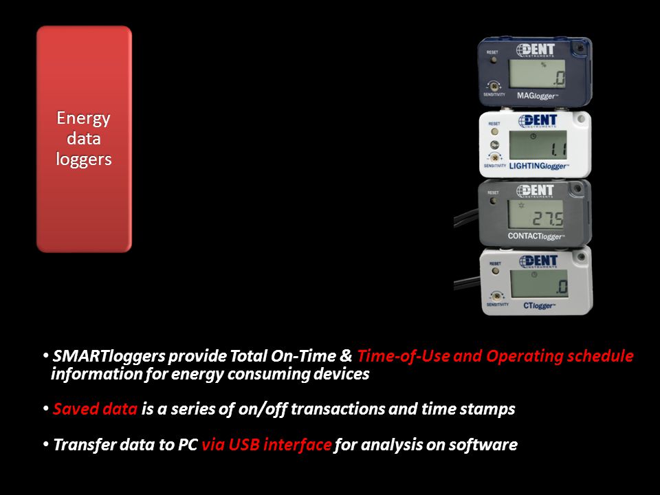 Energy data loggers SMARTloggers provide Total On-Time & Time-of-Use and Operating schedule SMARTloggers provide Total On-Time & Time-of-Use and Operating schedule information for energy consuming devices information for energy consuming devices Saved data is a series of on/off transactions and time stamps Saved data is a series of on/off transactions and time stamps Transfer data to PC via USB interface for analysis on software Transfer data to PC via USB interface for analysis on software