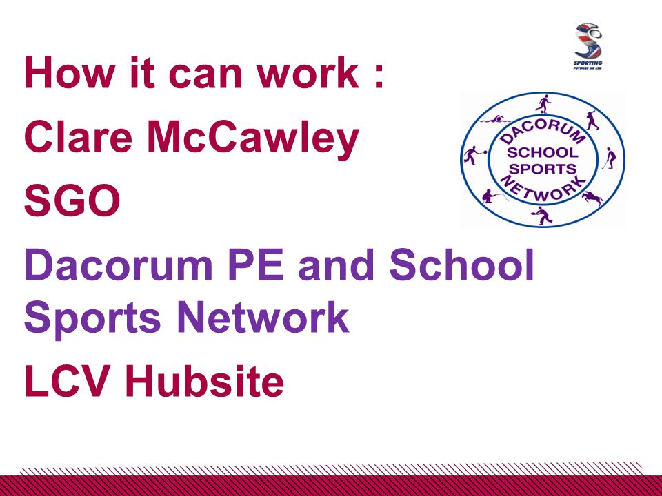 How it can work : Clare McCawley SGO Dacorum PE and School Sports Network LCV Hubsite