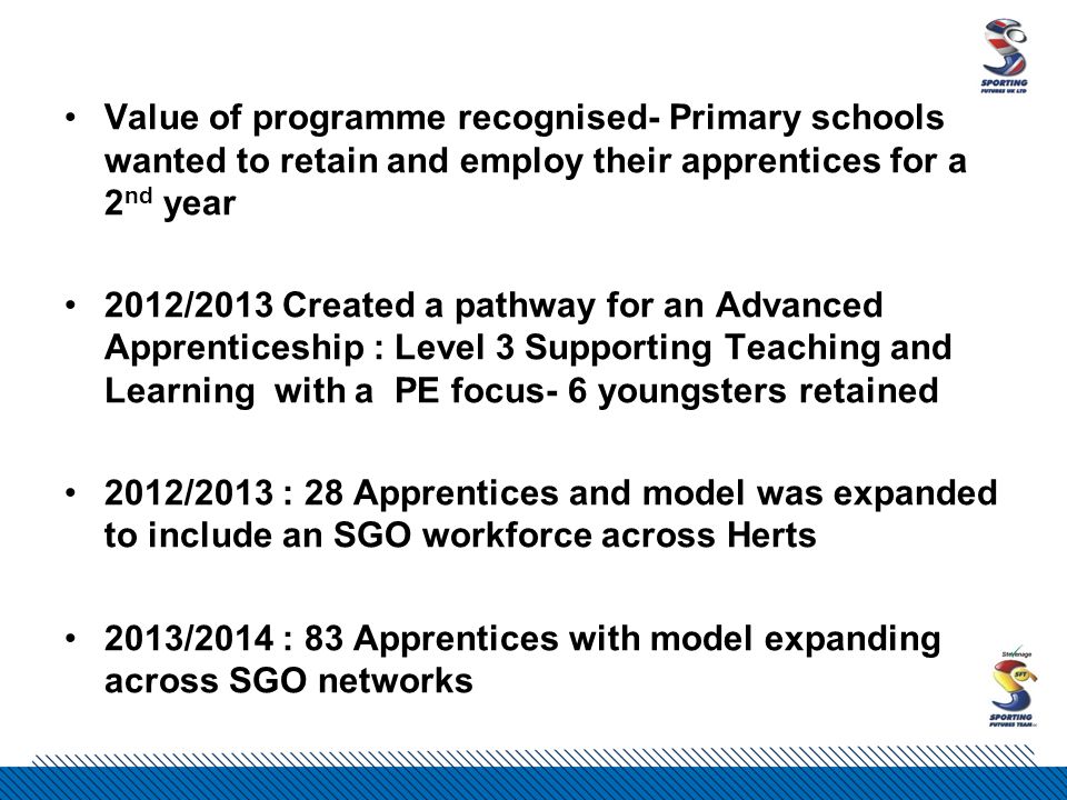 Value of programme recognised- Primary schools wanted to retain and employ their apprentices for a 2 nd year 2012/2013 Created a pathway for an Advanced Apprenticeship : Level 3 Supporting Teaching and Learning with a PE focus- 6 youngsters retained 2012/2013 : 28 Apprentices and model was expanded to include an SGO workforce across Herts 2013/2014 : 83 Apprentices with model expanding across SGO networks