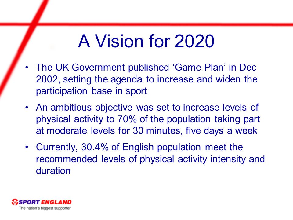 A Vision for 2020 The UK Government published Game Plan in Dec 2002, setting the agenda to increase and widen the participation base in sport An ambitious objective was set to increase levels of physical activity to 70% of the population taking part at moderate levels for 30 minutes, five days a week Currently, 30.4% of English population meet the recommended levels of physical activity intensity and duration