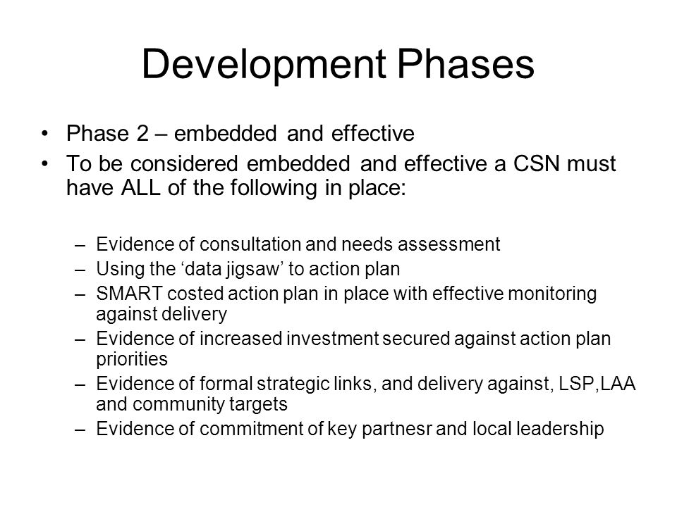 Development Phases Phase 2 – embedded and effective To be considered embedded and effective a CSN must have ALL of the following in place: –Evidence of consultation and needs assessment –Using the data jigsaw to action plan –SMART costed action plan in place with effective monitoring against delivery –Evidence of increased investment secured against action plan priorities –Evidence of formal strategic links, and delivery against, LSP,LAA and community targets –Evidence of commitment of key partnesr and local leadership