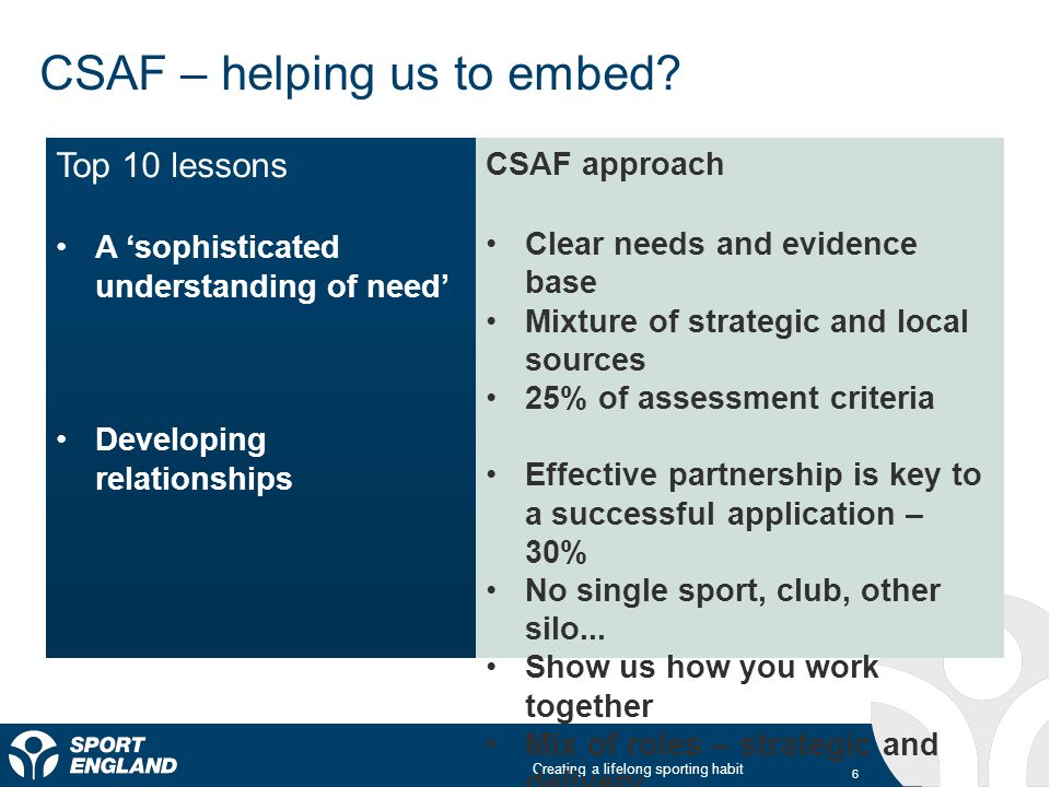 Creating a lifelong sporting habit CSAF – helping us to embed.