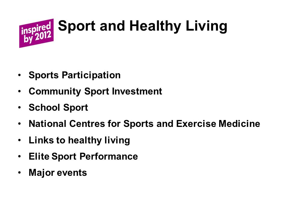 Sport and Healthy Living Sports Participation Community Sport Investment School Sport National Centres for Sports and Exercise Medicine Links to healthy living Elite Sport Performance Major events