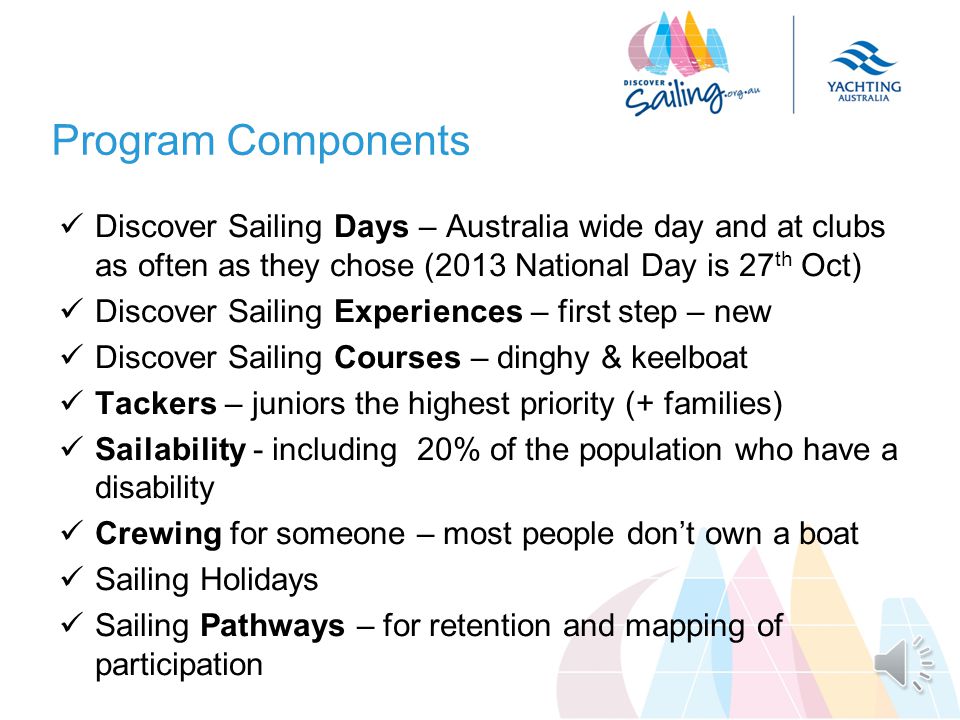 Premise of the Discover Sailing Program Viewed from the customer perspective Developed in response to professional market research Considered in relation to successful participation programs offered in other sports Recognises the need for significant change in the way sailing is presented and delivered to the public Requires a commitment to focusing on participation