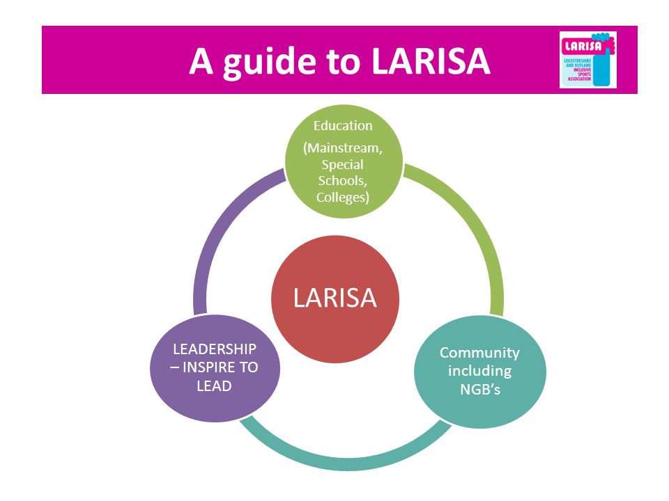 A guide to LARISA LARISA Education (Mainstream, Special Schools, Colleges) Community including NGBs LEADERSHIP – INSPIRE TO LEAD