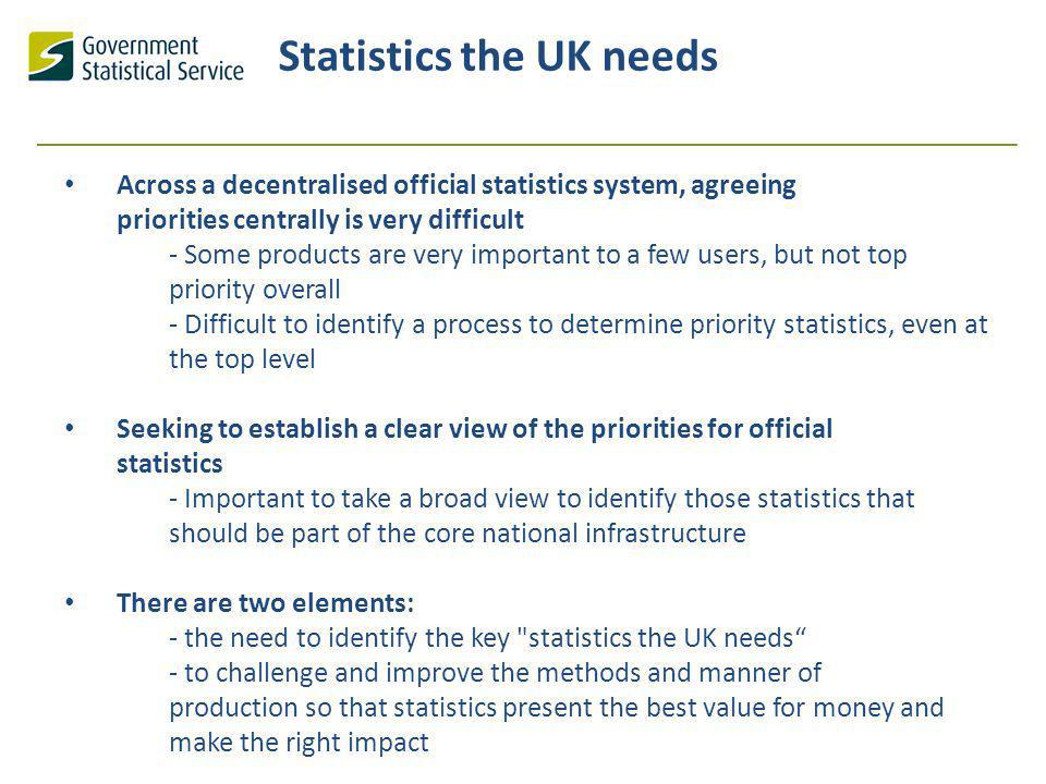 Statistics the UK needs Across a decentralised official statistics system, agreeing priorities centrally is very difficult - Some products are very important to a few users, but not top priority overall - Difficult to identify a process to determine priority statistics, even at the top level Seeking to establish a clear view of the priorities for official statistics - Important to take a broad view to identify those statistics that should be part of the core national infrastructure There are two elements: - the need to identify the key statistics the UK needs - to challenge and improve the methods and manner of production so that statistics present the best value for money and make the right impact
