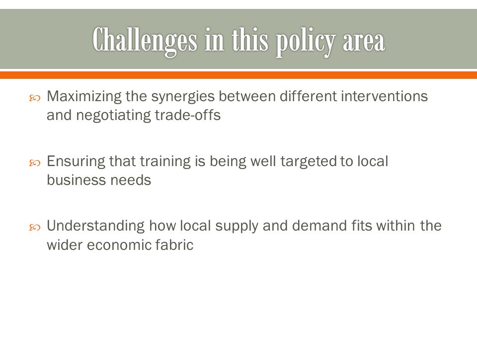 Maximizing the synergies between different interventions and negotiating trade-offs Ensuring that training is being well targeted to local business needs Understanding how local supply and demand fits within the wider economic fabric