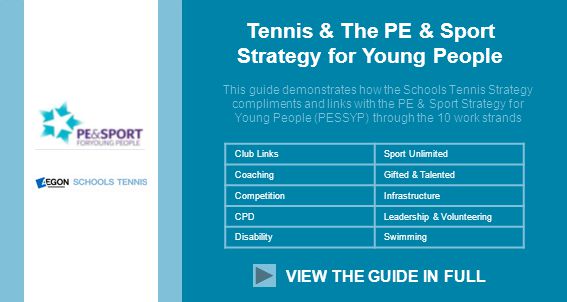 Tennis & The PE & Sport Strategy for Young People This guide demonstrates how the Schools Tennis Strategy compliments and links with the PE & Sport Strategy for Young People (PESSYP) through the 10 work strands VIEW THE GUIDE IN FULL Club LinksSport Unlimited CoachingGifted & Talented CompetitionInfrastructure CPDLeadership & Volunteering DisabilitySwimming