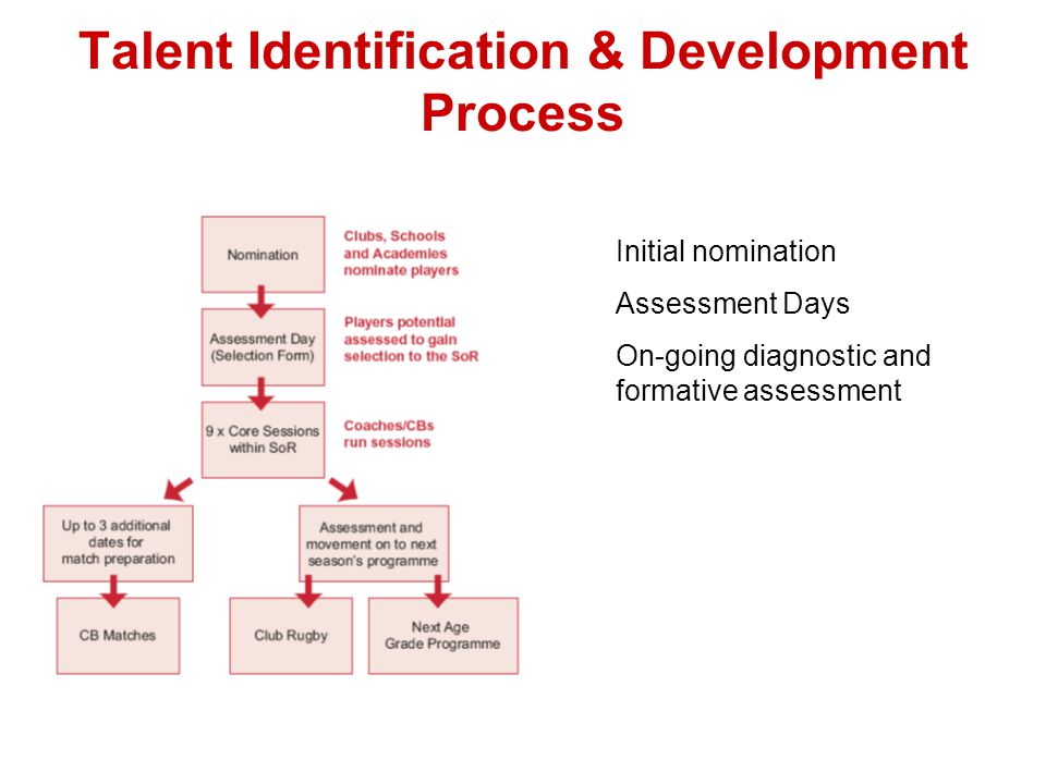 Talent Identification & Development Process Initial nomination Assessment Days On-going diagnostic and formative assessment