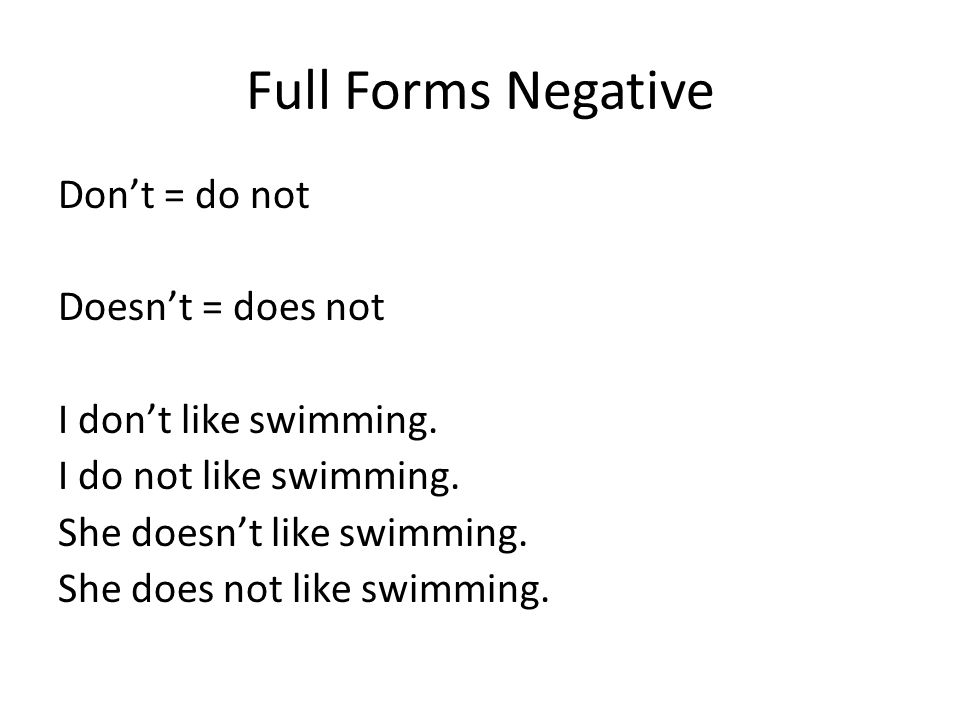 Full Forms Negative Dont = do not Doesnt = does not I dont like swimming.