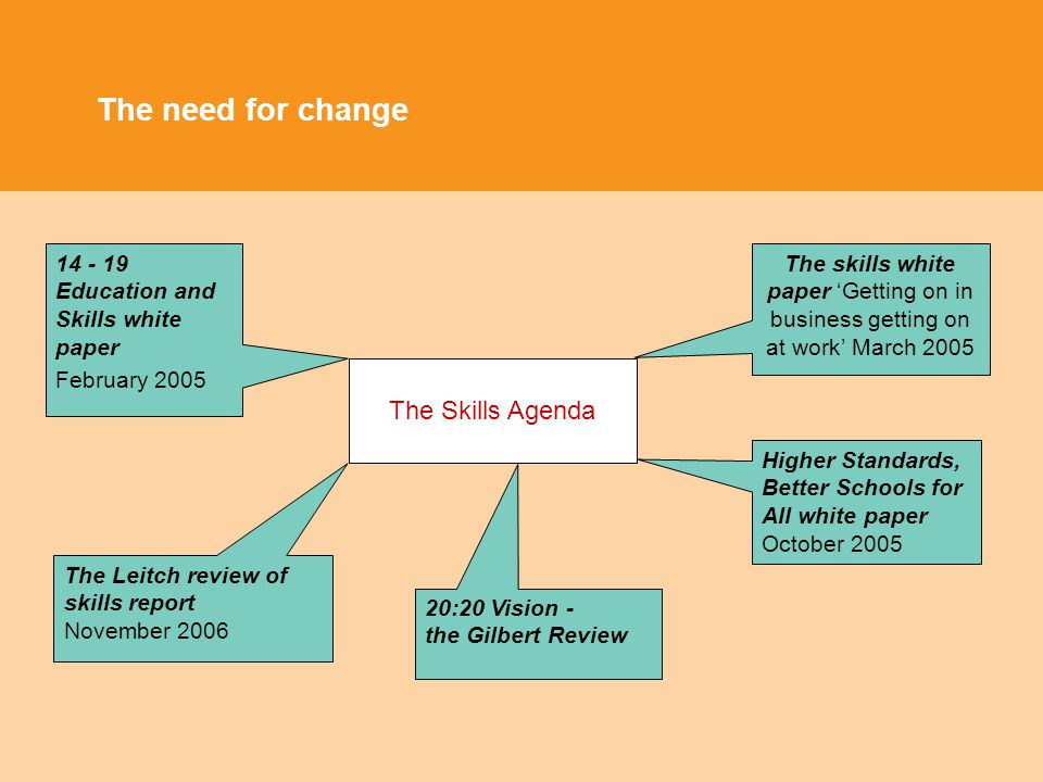 The need for change The Skills Agenda Education and Skills white paper February 2005 The skills white paper Getting on in business getting on at work March 2005 The Leitch review of skills report November :20 Vision - the Gilbert Review Higher Standards, Better Schools for All white paper October 2005