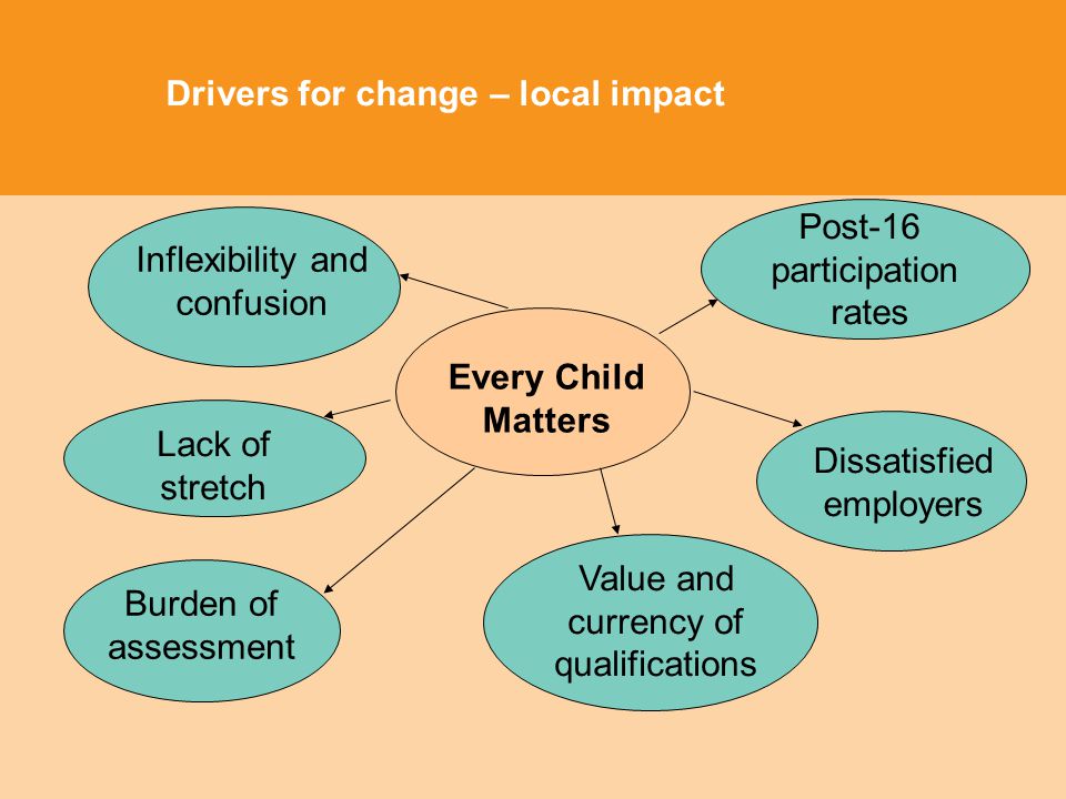Drivers for change – local impact Post-16 participation rates Every Child Matters Inflexibility and confusion Dissatisfied employers Value and currency of qualifications Burden of assessment Lack of stretch