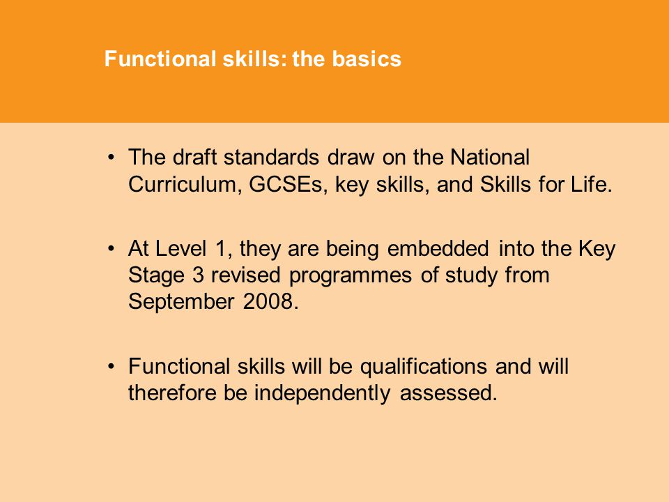 Functional skills: the basics The draft standards draw on the National Curriculum, GCSEs, key skills, and Skills for Life.