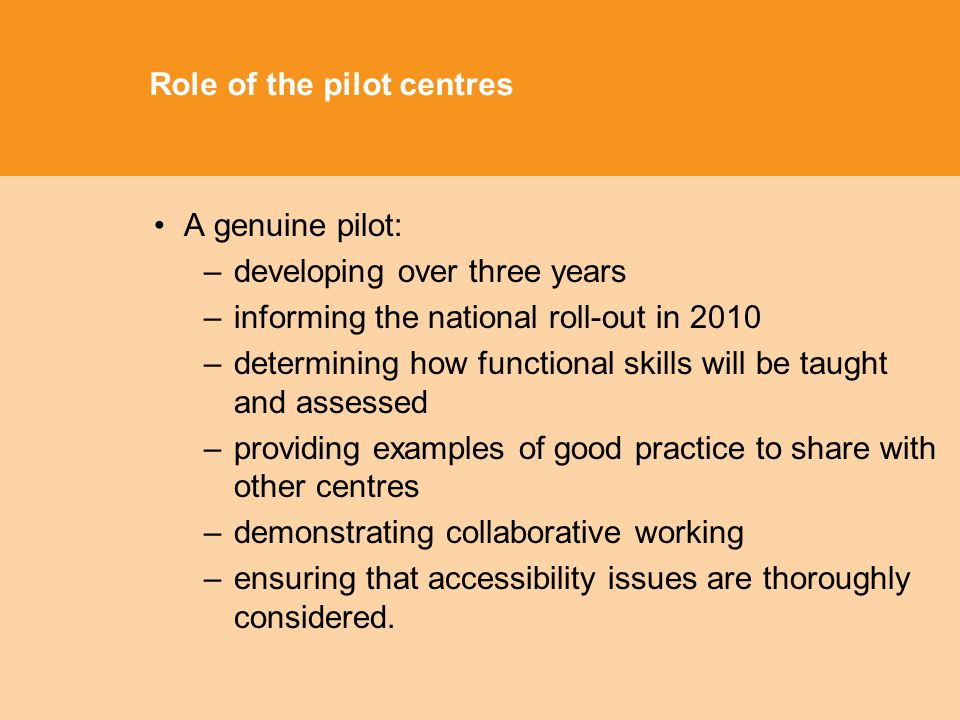 Role of the pilot centres A genuine pilot: –developing over three years –informing the national roll-out in 2010 –determining how functional skills will be taught and assessed –providing examples of good practice to share with other centres –demonstrating collaborative working –ensuring that accessibility issues are thoroughly considered.
