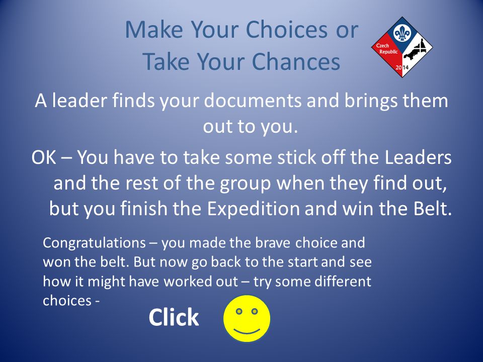 Make Your Choices or Take Your Chances 1. You phone a confession to the Leaders Click 2.