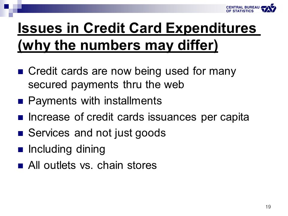 19 Issues in Credit Card Expenditures (why the numbers may differ) Credit cards are now being used for many secured payments thru the web Payments with installments Increase of credit cards issuances per capita Services and not just goods Including dining All outlets vs.