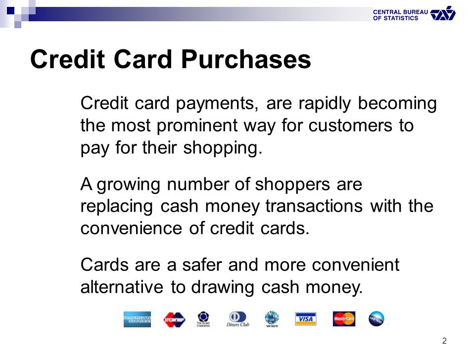 2 Credit Card Purchases Credit card payments, are rapidly becoming the most prominent way for customers to pay for their shopping.