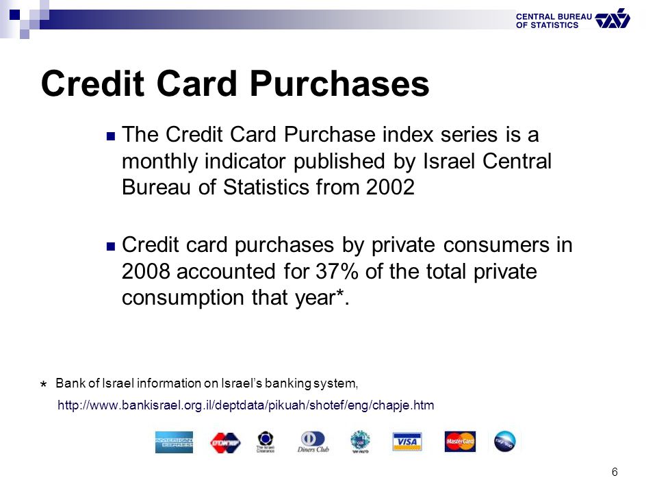 6 The Credit Card Purchase index series is a monthly indicator published by Israel Central Bureau of Statistics from 2002 Credit card purchases by private consumers in 2008 accounted for 37% of the total private consumption that year*.