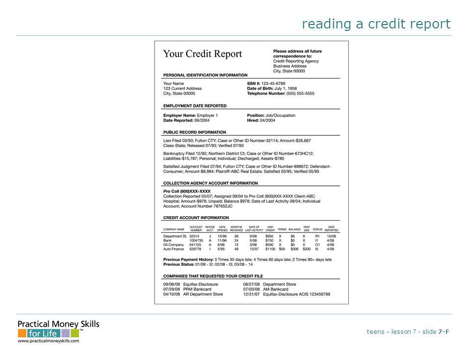 reading a credit report teens – lesson 7 - slide 7-F