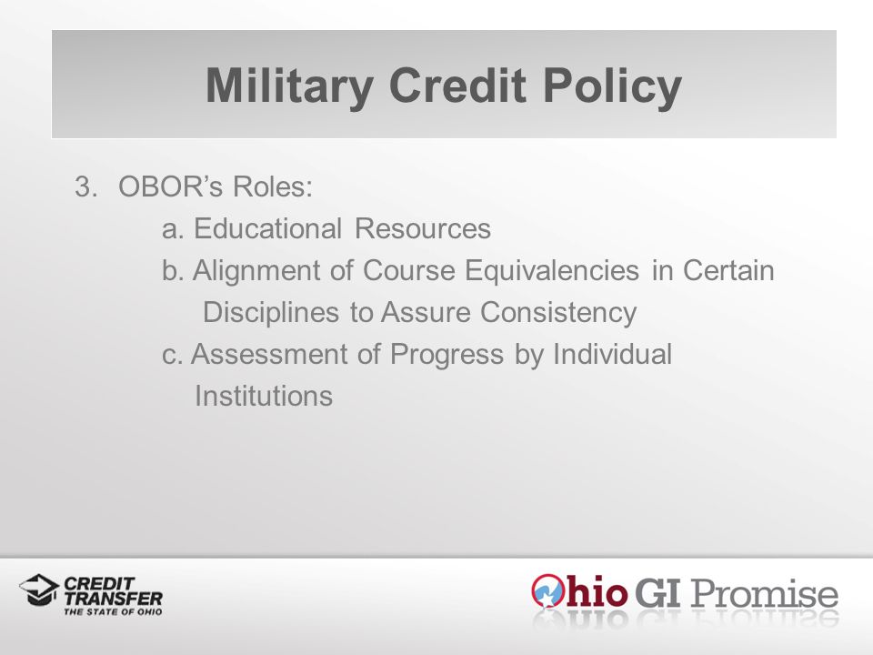 Military Credit Policy 3.OBORs Roles: a. Educational Resources b.