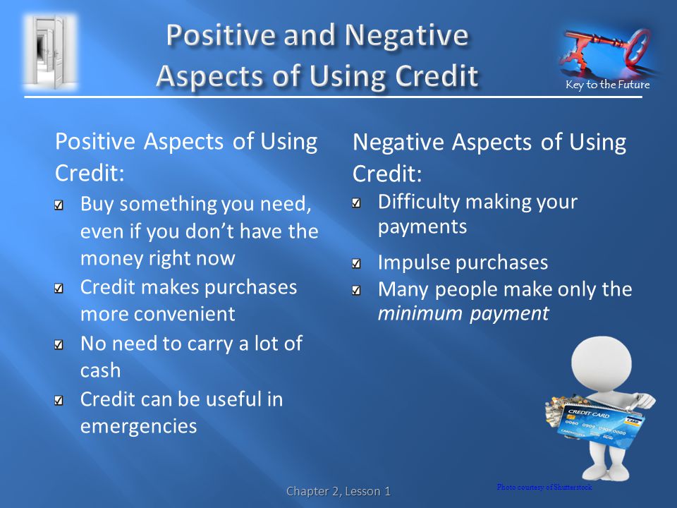 Key to the Future Positive Aspects of Using Credit: Buy something you need, even if you dont have the money right now Credit makes purchases more convenient No need to carry a lot of cash Credit can be useful in emergencies Negative Aspects of Using Credit: Difficulty making your payments Impulse purchases Many people make only the minimum payment Chapter 2, Lesson 1 Photo courtesy of Shutterstock
