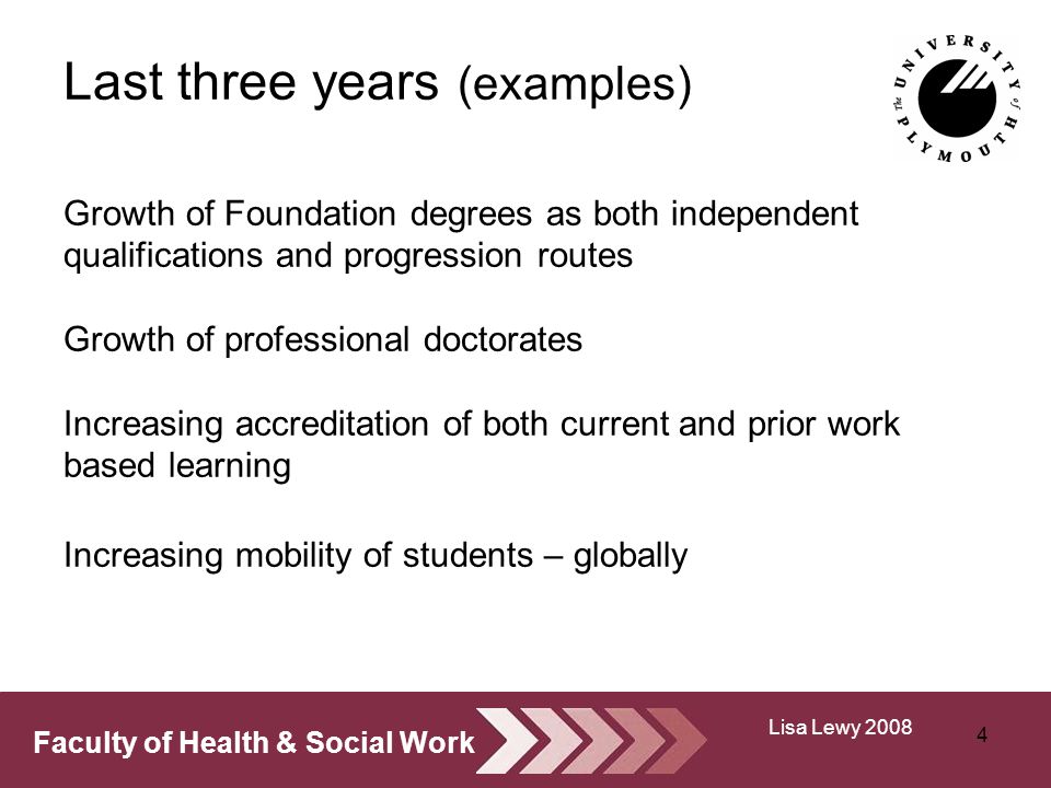 Faculty of Health & Social Work Last three years (examples) Growth of Foundation degrees as both independent qualifications and progression routes Growth of professional doctorates Increasing accreditation of both current and prior work based learning Increasing mobility of students – globally 4 Lisa Lewy 2008