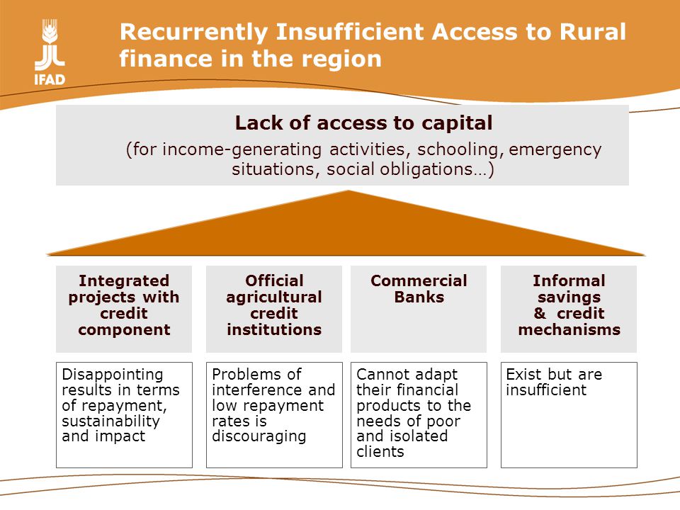 Recurrently Insufficient Access to Rural finance in the region Informal savings & credit mechanisms Commercial Banks Exist but are insufficient Cannot adapt their financial products to the needs of poor and isolated clients Official agricultural credit institutions Problems of interference and low repayment rates is discouraging Integrated projects with credit component Disappointing results in terms of repayment, sustainability and impact Lack of access to capital (for income-generating activities, schooling, emergency situations, social obligations…)