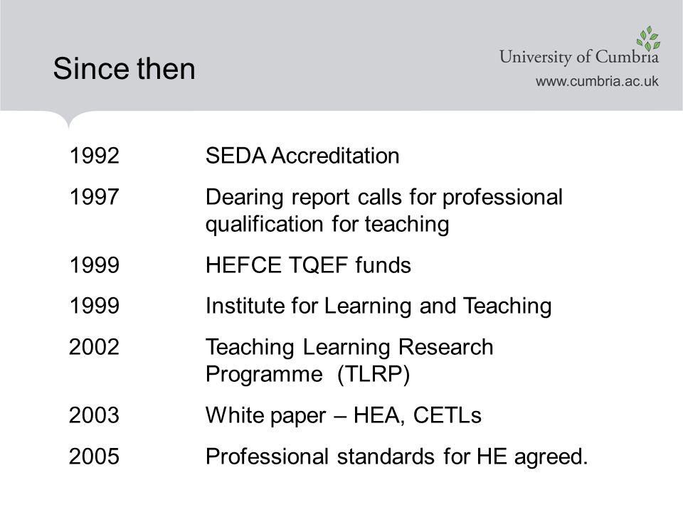 Since then 1992 SEDA Accreditation 1997 Dearing report calls for professional qualification for teaching 1999 HEFCE TQEF funds 1999 Institute for Learning and Teaching 2002 Teaching Learning Research Programme (TLRP) 2003 White paper – HEA, CETLs 2005Professional standards for HE agreed.