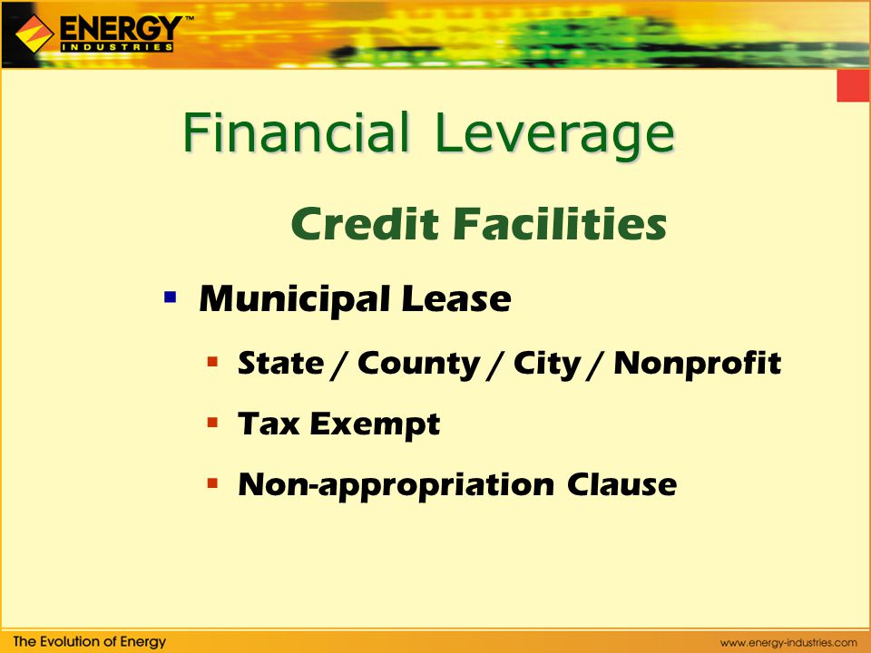 Financial Leverage Credit Facilities Municipal Lease State / County / City / Nonprofit Tax Exempt Non-appropriation Clause