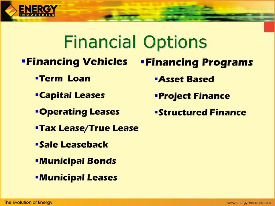 Financial Options Financing Vehicles Term Loan Capital Leases Operating Leases Tax Lease/True Lease Sale Leaseback Municipal Bonds Municipal Leases Financing Programs Asset Based Project Finance Structured Finance