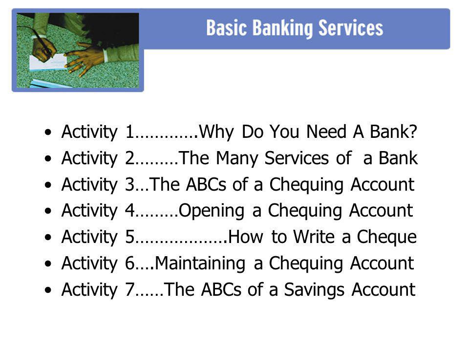 Activity 1………….Why Do You Need A Bank.