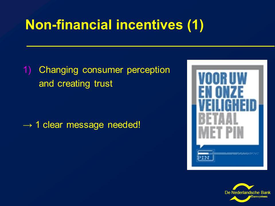 De Nederlandsche Bank Eurosysteem Non-financial incentives (1) 1)Changing consumer perception and creating trust 1 clear message needed!