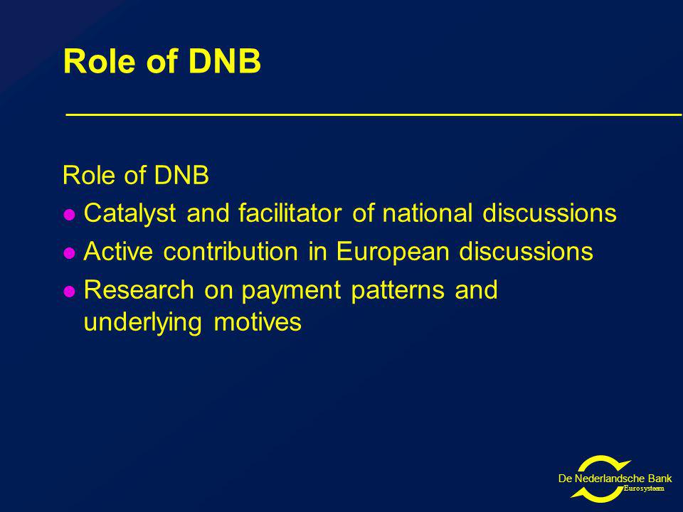 De Nederlandsche Bank Eurosysteem Role of DNB Catalyst and facilitator of national discussions Active contribution in European discussions Research on payment patterns and underlying motives