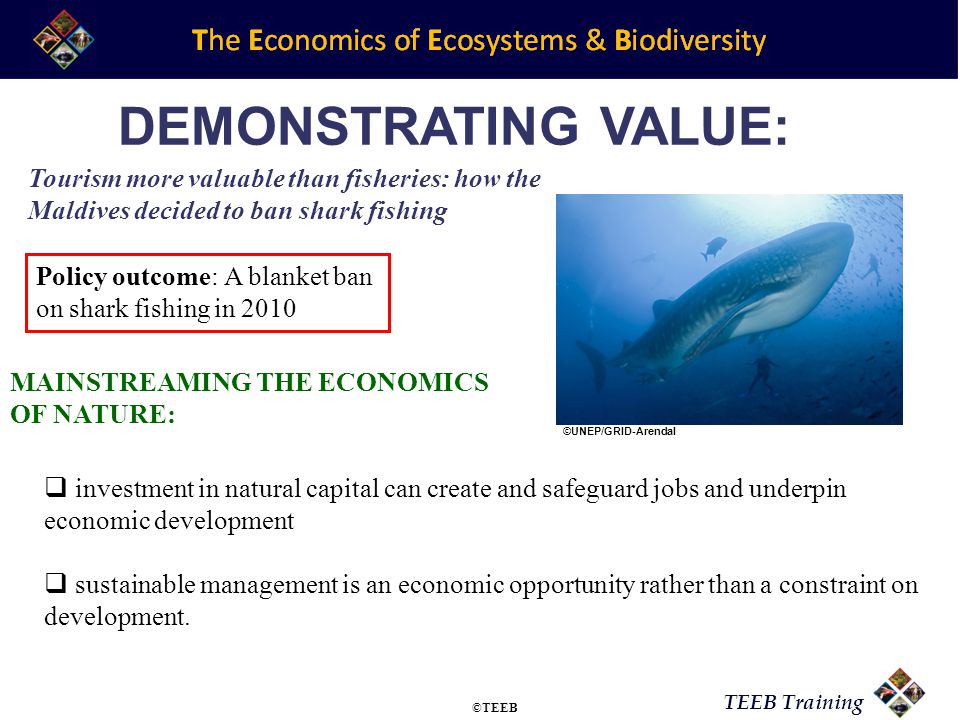 TEEB Training Tourism more valuable than fisheries: how the Maldives decided to ban shark fishing investment in natural capital can create and safeguard jobs and underpin economic development sustainable management is an economic opportunity rather than a constraint on development.